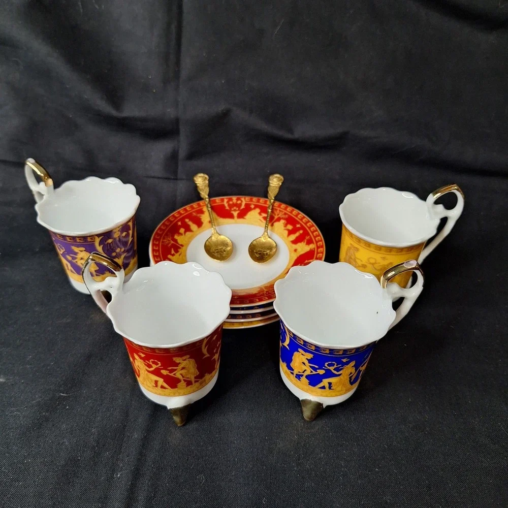 1940s Duca Di Bavaria Espresso Cup Saucer Set 4 Colors Greek Mythology Gold Trim